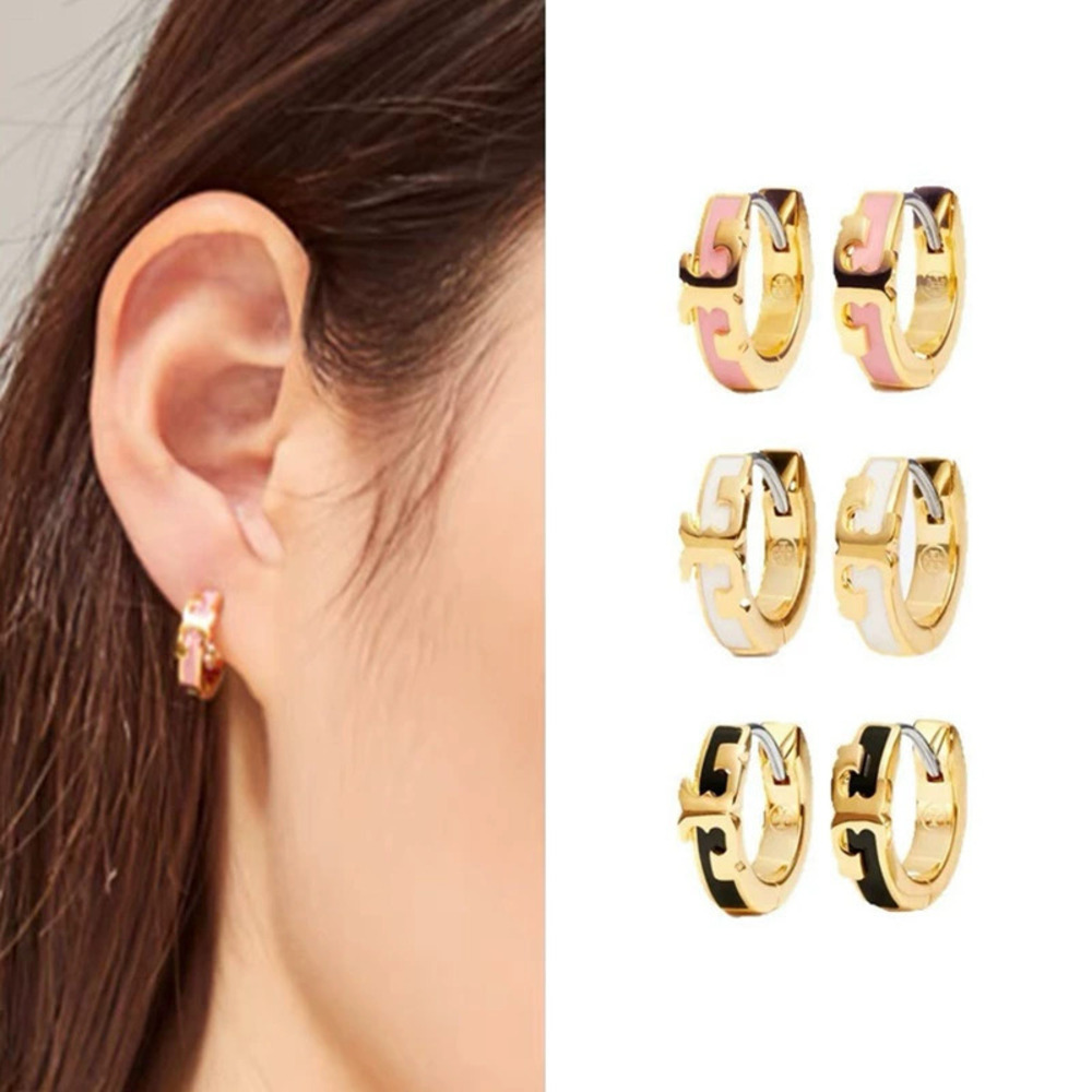 Tory Burch Gold Plated Double Circle Enamel Hoop Earrings